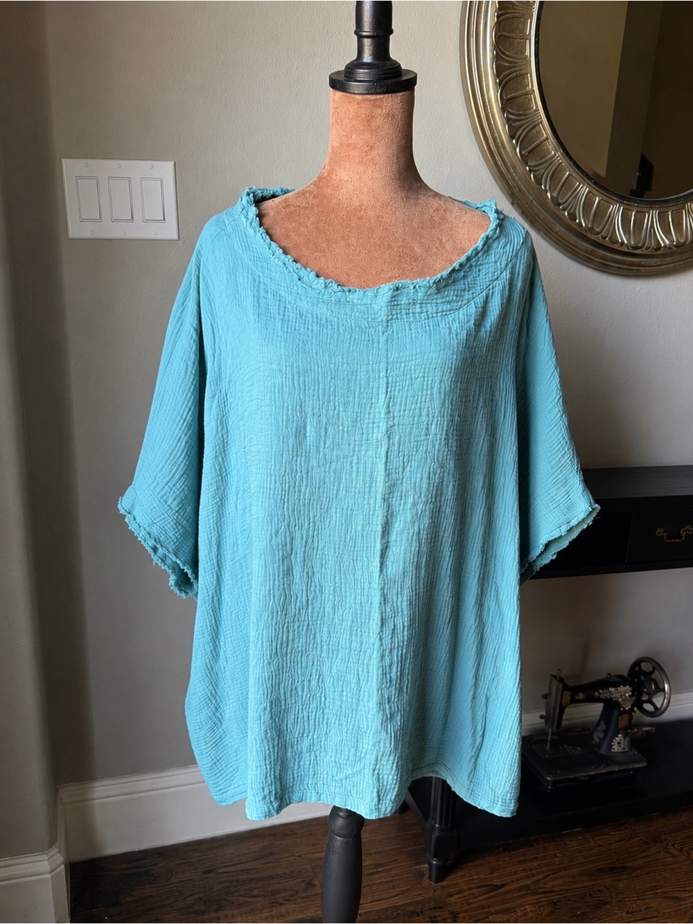 Becasa Oversized Boxy Cotton Gauze Tunic Seafoam Blue | Large | Raw Edge Hem